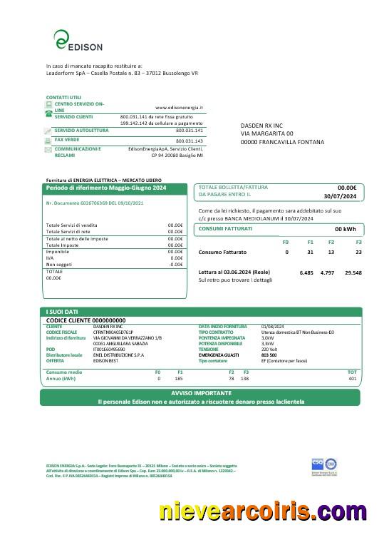 Italy Edison business utility bill, good for address prove